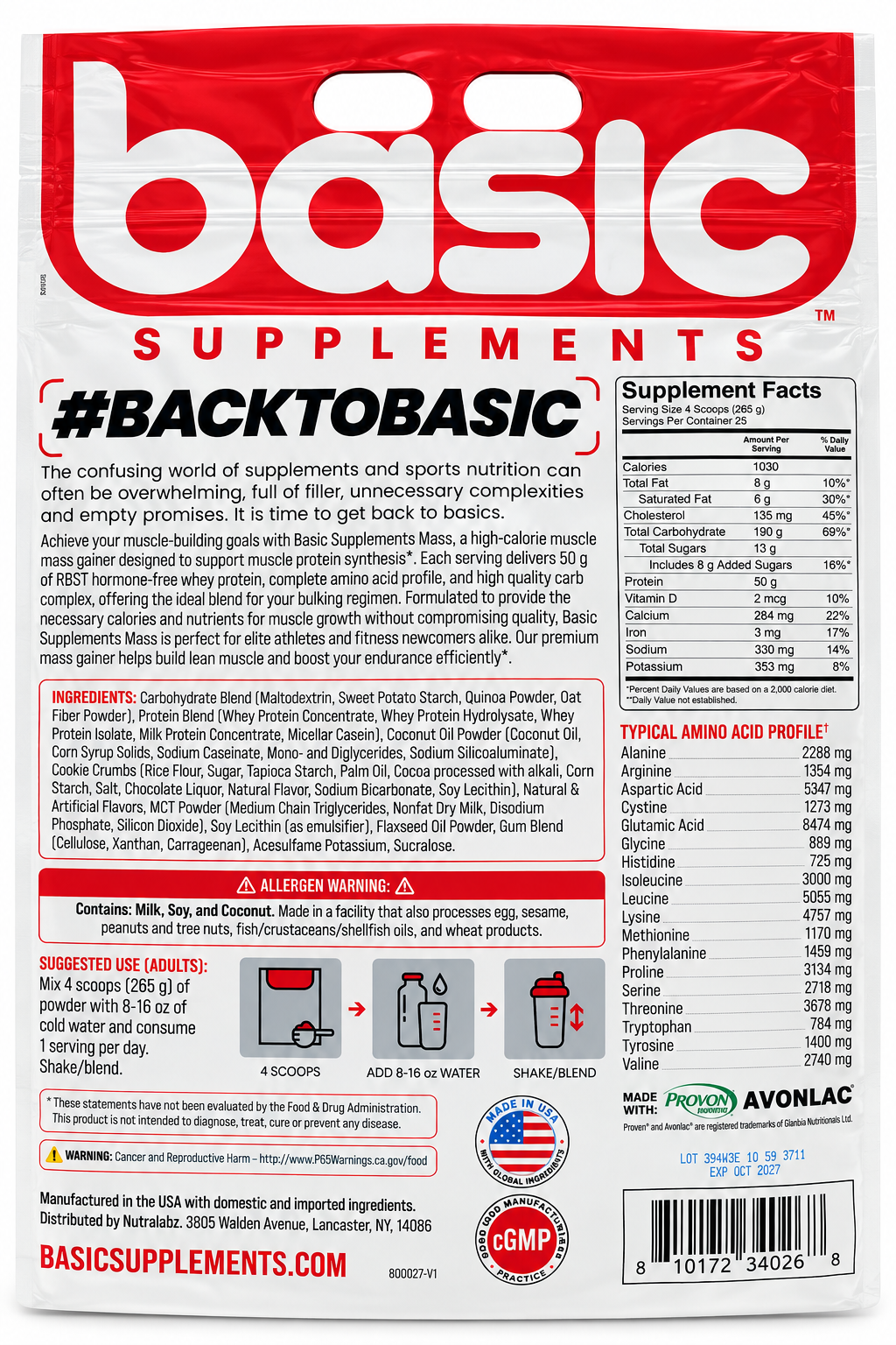 Basic Supplements MASS Cookies & Cream – High Calorie Muscle Mass Gainer | 50g Protein | 1030 Calories | 25 Servings