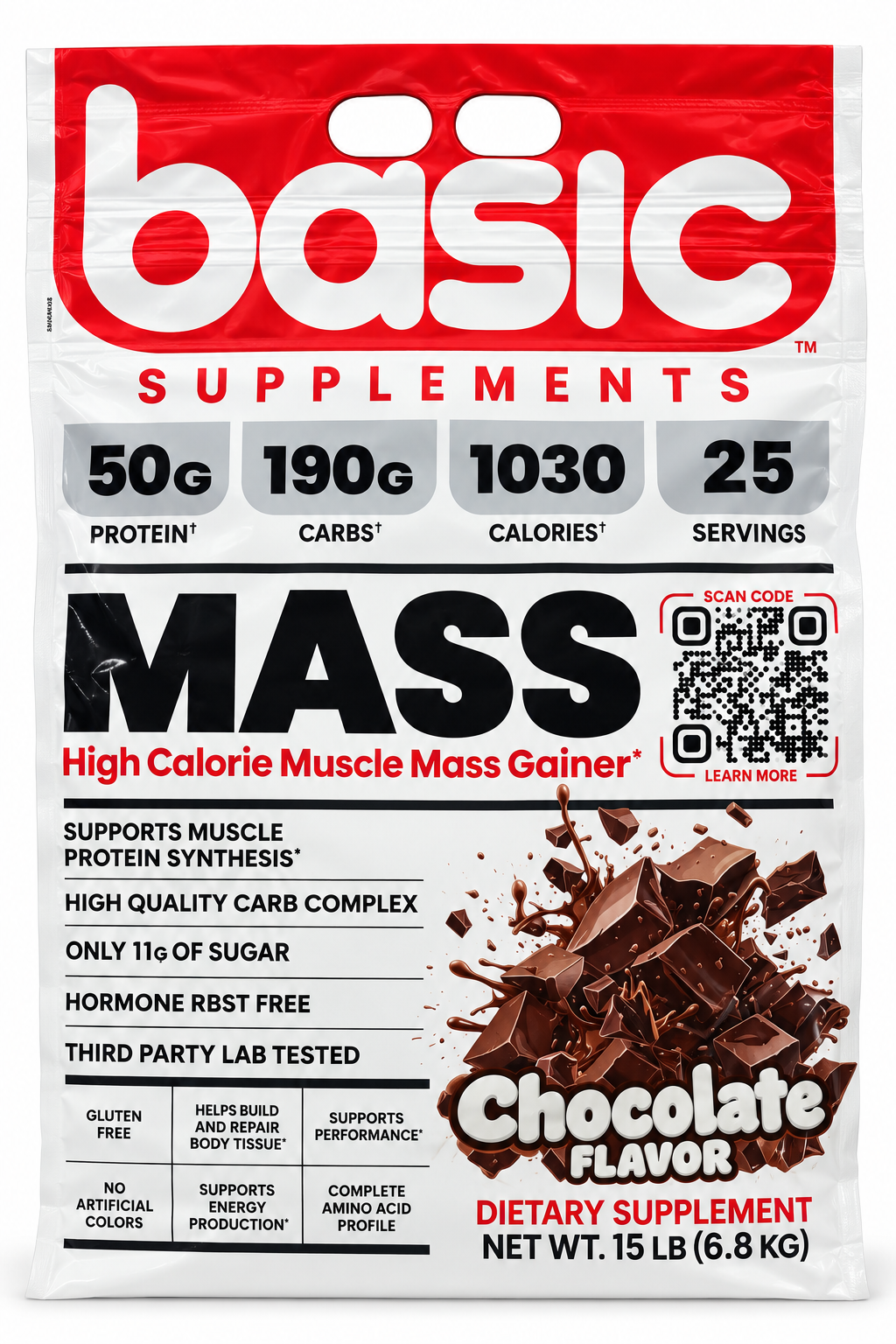 Basic Supplements MASS Chocolate – High Calorie Muscle Mass Gainer | 50g Protein | 1030 Calories | 25 Servings