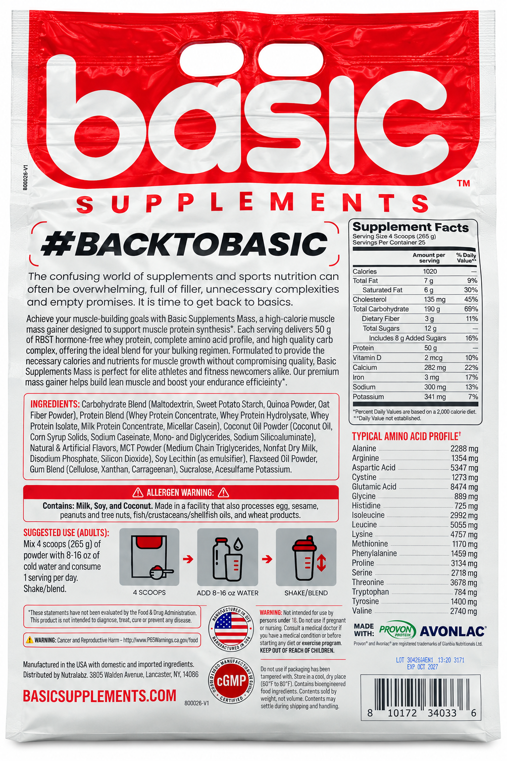 Basic Supplements MASS Vanilla – High Calorie Muscle Mass Gainer | 50g Protein | 25 Servings