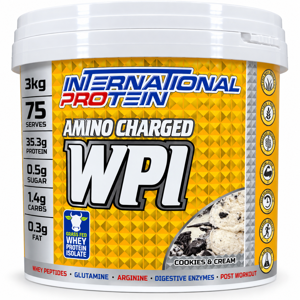 International Protein Amino Charged WPI Cookies & Cream – 3kg | 32.89g Protein | 75 Servings