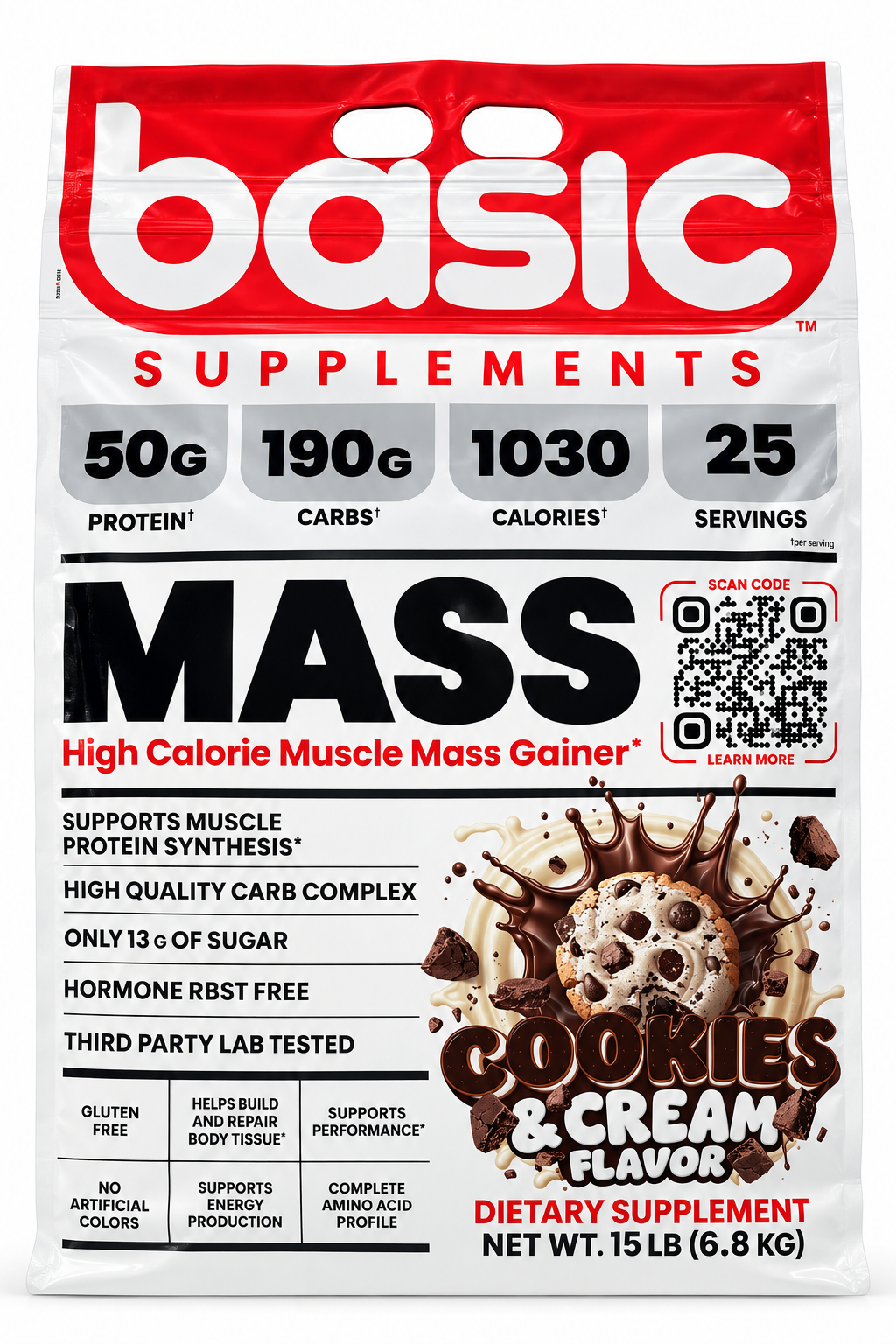 Basic Supplements MASS Cookies & Cream – High Calorie Muscle Mass Gainer | 50g Protein | 1030 Calories | 25 Servings