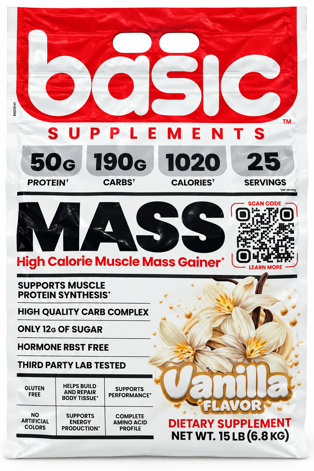Basic Supplements MASS Vanilla – High Calorie Muscle Mass Gainer | 50g Protein | 25 Servings
