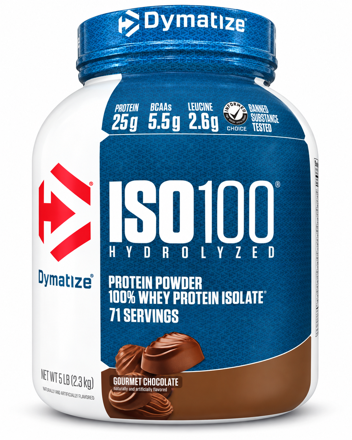 Product: Dymatize ISO100 Hydrolyzed
Type: 100% Whey Protein Isolate
Flavor: Gourmet Chocolate
Size: 5 lb (2.3 kg)
Servings: 71
Protein: 25 g per serving
BCAAs: 5.5 g
Leucine: 2.6 g