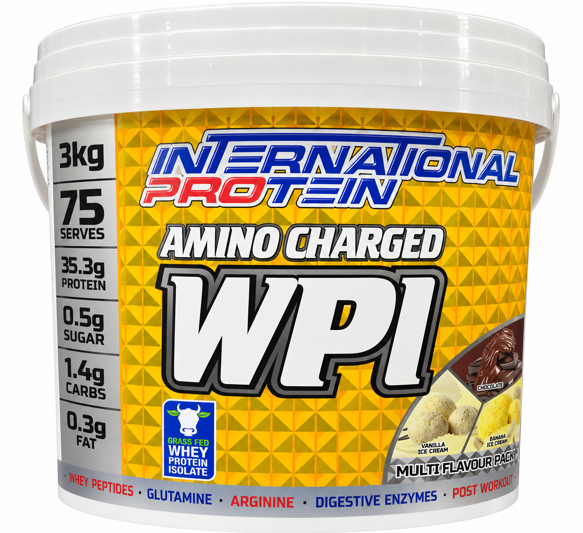 International Protein Amino Charged WPI Multi Flavour Pack – 3kg | 32.89g Protein | 75 Servings