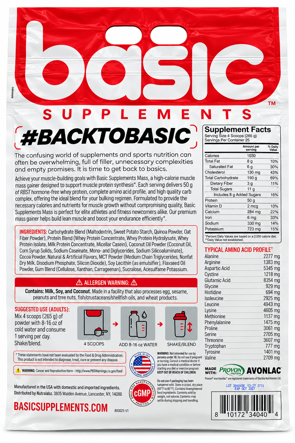 Basic Supplements MASS Chocolate – High Calorie Muscle Mass Gainer | 50g Protein | 1030 Calories | 25 Servings