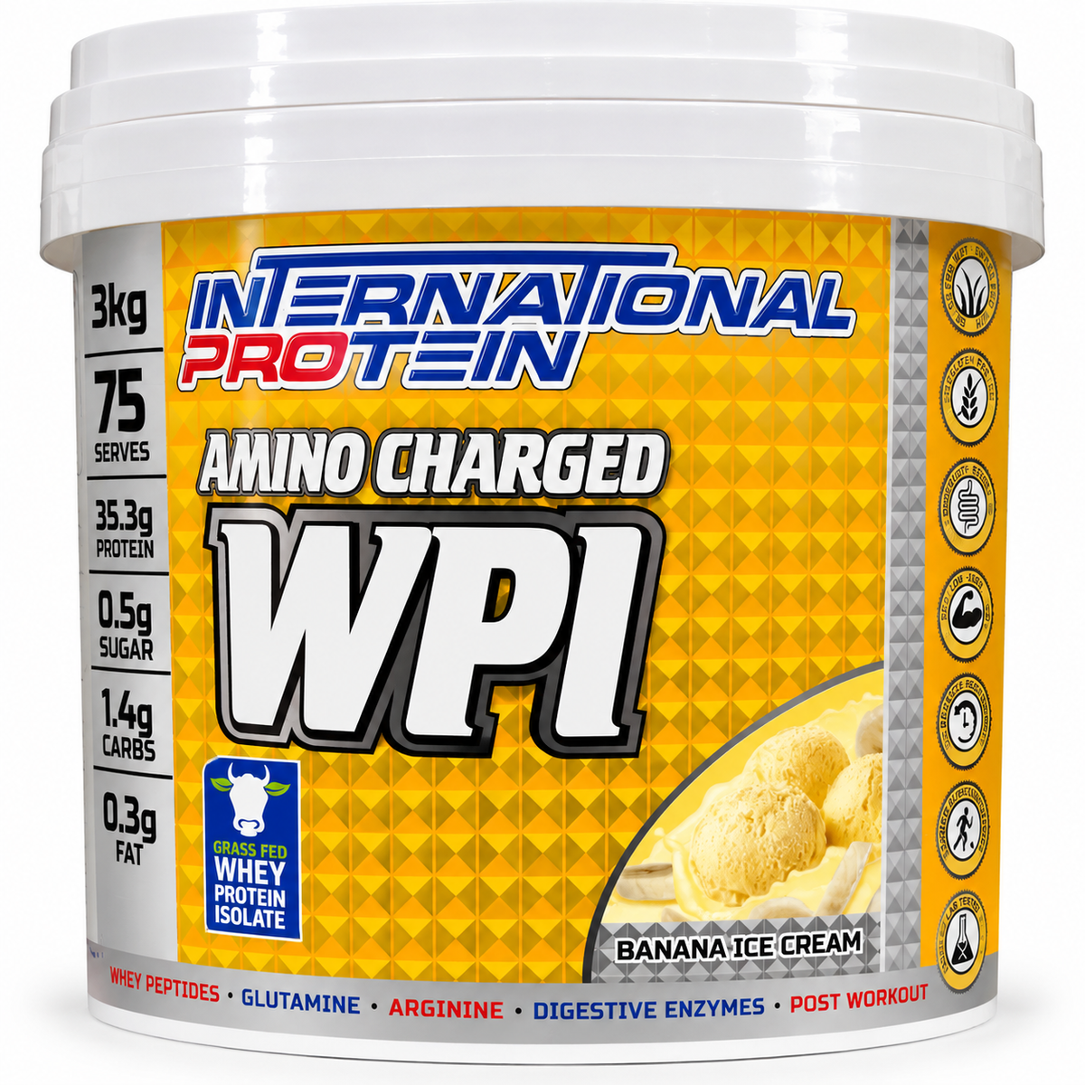 International Protein Amino Charged WPI Banana Ice Cream – 3kg | 32.89g Protein | 75 Servings