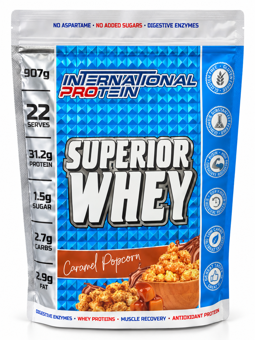 International Protein Superior Whey – Caramel Popcorn – 907g (22 Serves)